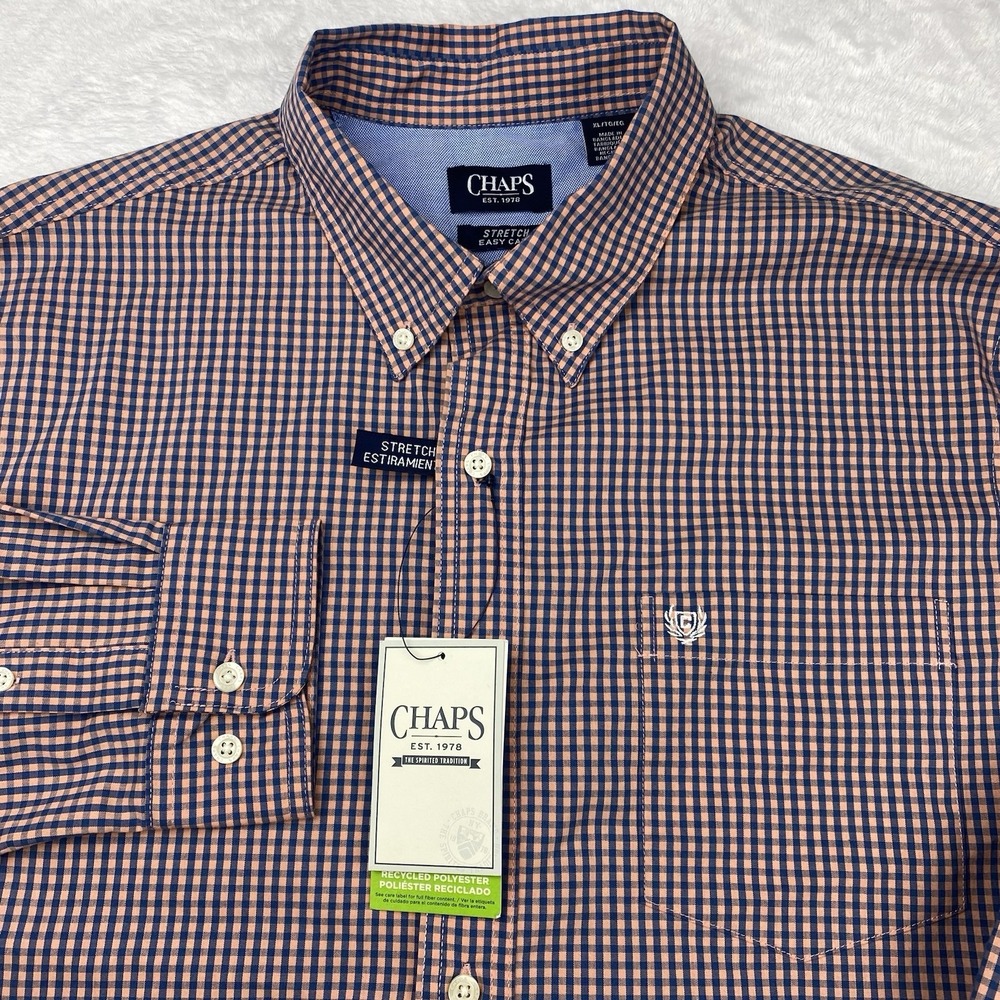 CHAPS Shirt Mens XL Blue/Peach‎ Checks Easy Care Stretch Wrinkle Resistant NWT!